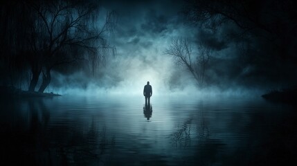 Aufkleber - Lonely figure embracing the void dark waters digital art eerie atmosphere wide angle isolation theme