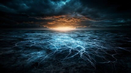 Poster - Subtle electric ripples vibrating across a vast barren can atmospheric landscape digital art surreal viewpoint
