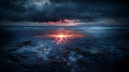Poster - Electric ripples emerge from vast barren ocean surreal lightning show coastal landscape atmospheric viewpoint