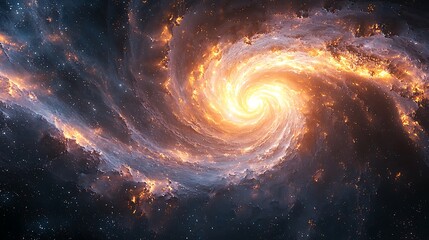 Wall Mural - cosmic swirl: a mesmerizing spiral galaxy ablaze with fiery orange and blue hues, its core radiating