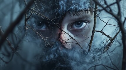 Aufkleber - A solitary figure in a misty forest emotion enigmatic landscape surreal environment intimate perspective