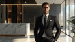 © Dmytro Titov - An Elegant Man Dressed in a Stylish Suit Poses Gracefully in a Modern Lobby Setting Now