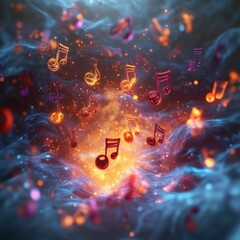 Wall Mural - Glowing musical notes float vibrant cosmic scene