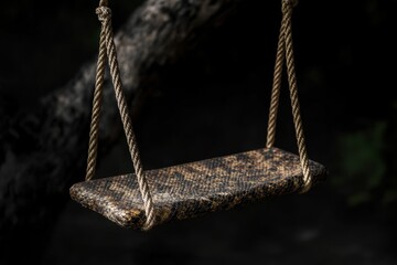 Poster - Hanging vintage rope swing with patterned seat dark background