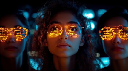 women gazing at futuristic data; city lights