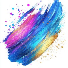 Wall Mural - Vibrant Abstract Brush Stroke with Blue, Pink, and Gold Sparkles on a White Background Evoking Emotion and Creativity