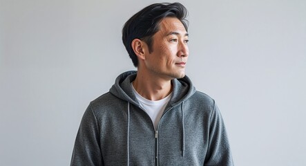 Canvas Print - Asian guy gray zipup hoodie middle age side view portrait on plain white background