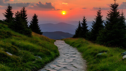 Serene sunset over mountain range, stone path leads through lush green grass and pine trees.  Peaceful landscape photography.