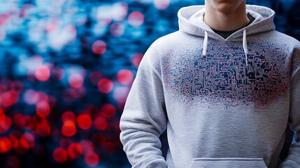 Young person wearing a stylish hoodie stands against a vibrant, blurred background of colorful lights