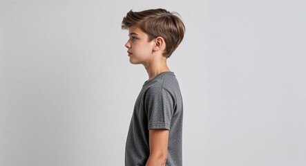 Canvas Print - Caucasian boy gray tshirt young teen side view portrait on plain white background