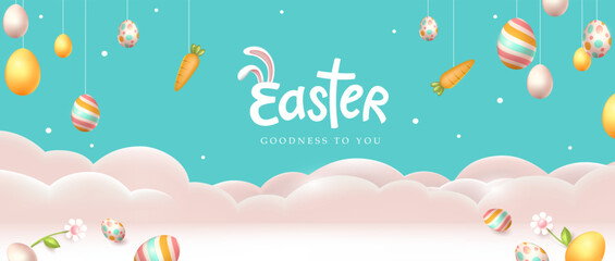 Wall Mural - happy easter banner background holiday celebration greeting with hanging easter eggs different ornam