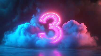 Canvas Print - Glowing neon number three in vibrant pink and blue smoke.