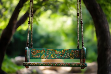 Poster - Hand painted wooden swing hangs suspended in a lush garden