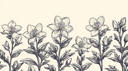 Wall Mural - Elegant sketched hellebore flowers row illustration, design element on a light background