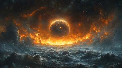 Wall Mural - infernal planet: a fiery planet engulfed in flames, dominates a dramatic cosmic landscape of swirlin