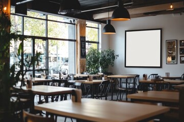 Wall Mural - Empty cafe interior, blank sign, city view, daytime