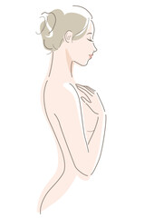 Wall Mural - Side view of the upper body of a naked woman with her hair tied, standing with her eyes closed. Vector illustration in line drawing, isolated on white background.