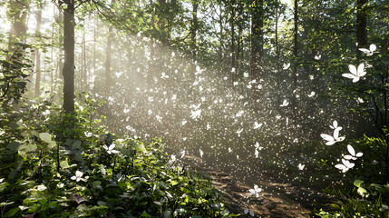 Poster - Sunlit forest path, butterflies flying, peaceful nature scene, ideal for nature website or book