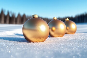 Wall Mural - Golden Baubles on Snow with Red Sparkle Background: Festive Christmas Decorations in Winter Wonderland