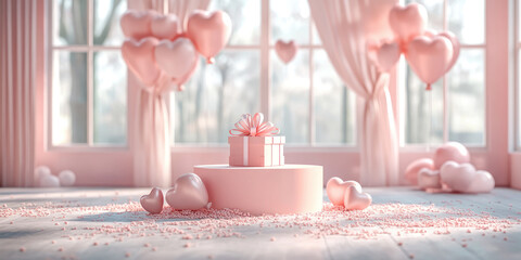 Poster - Empty round podium with gift boxes, balloons on a delicate pink background. Banner For demonstration and presentation of the product for Mother's Day, Women's Day, Birthday, Anniversary, March 8.