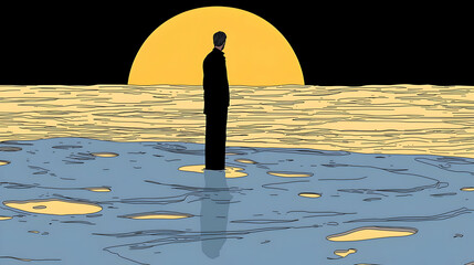 Poster - Man standing in shallow water, sunset