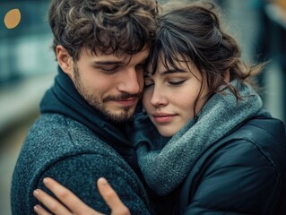 A young couple embraces on a cold winter day in the city. They are bundled up against the chill, sharing warmth and affection.