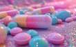© Halina Berah - Medicine capsules in a futuristic design, glowing with vibrant colors and glitter, softly lit to create a dreamy, ethereal setting