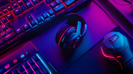 Wall Mural - neon gaming geometric abstract glowing cyberpunk style banner for advertising and promotion backgrou