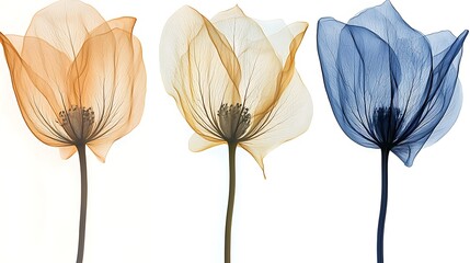 Wall Mural - Three colorful translucent poppies on white background, ideal for floral designs