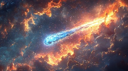 Wall Mural - cosmic blaze: a blazing comet streaks through a fiery, turbulent sky, its glowing blue tail illumina
