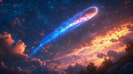 Wall Mural - celestial event: a vibrant comet streaks across a breathtaking night sky, its fiery tail illuminatin