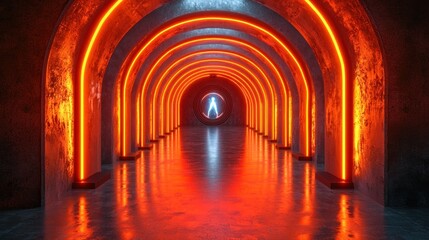 neon-lit archway tunnel, futuristic corridor, glowing entrance, reflective floor, digital art