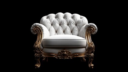 Luxurious white armchair, isolated on black, ornate gold details