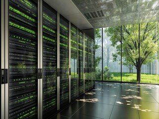 modern data center with black and green servers. outside, emphasizing harmony with nature.