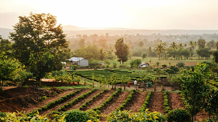 Sticker - Sunset over tea plantation, rural landscape, workers harvesting