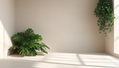 Wall Mural - A minimalist room corner features potted plants bathed in sunlight, casting shadows on a beige wall and light floor. The scene is serene and airy