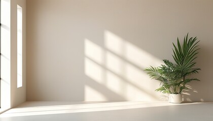 Wall Mural - A minimalist room corner features potted plants bathed in sunlight, casting shadows on a beige wall and light floor. The scene is serene and airy