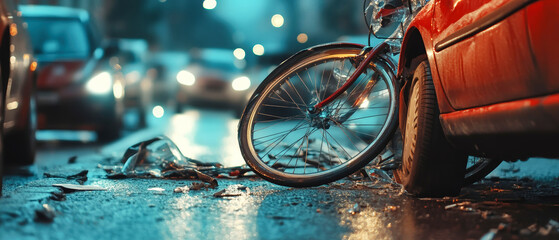 Close-up view of a bicycle and car damage highlighting a traffic accident on a city street at dusk