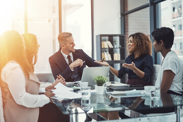Poster - Team, planning and smile with business people in meeting for advice, brainstorming and insurance broker. Policy review, problem solving and claims specialist with group of employees in office