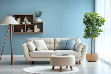 Wall Mural - armchair sofa Book shelf and blue wall. Scandinavian home interior design of modern living room