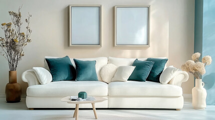 Wall Mural - White sofa with teal pillows stucco wall  Minimalist interior design living room