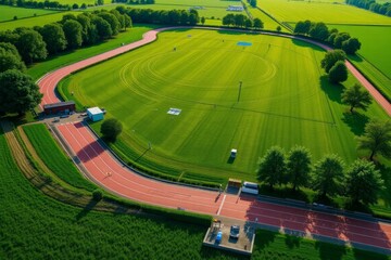 Aerial view shows running track surrounded by green fields