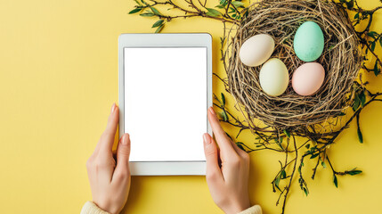 Wall Mural - Easter festive mockup of a modern stylish tablet in female hands, top view. Happy Easter. There are colorful Easter eggs in the bird's nest. The concept of website advertising, discounts, promotions