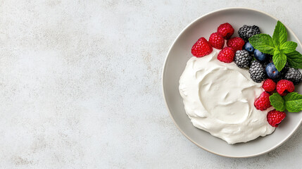 Wall Mural - Creamy yogurt topped with fresh berries and mint leaves for refreshing treat