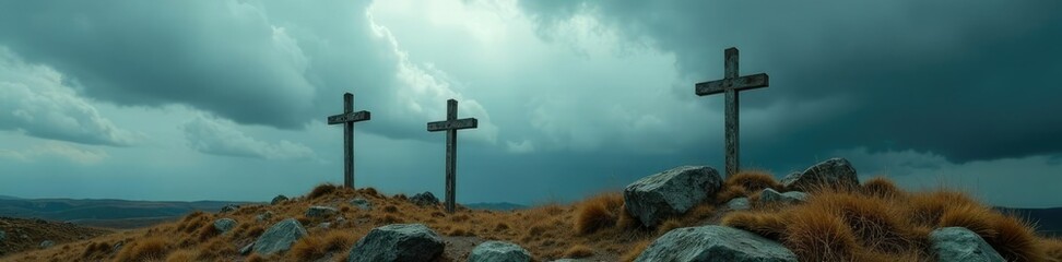three weathered crosses are buried beneath a thick layer of stormy clouds, rugged, natural, stormclo
