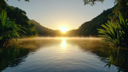 Wall Mural - serene sunrise over misty lake, surrounded by lush greenery