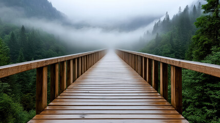 Wall Mural - wooden bridge vanishing into thick mist, surrounded by lush trees