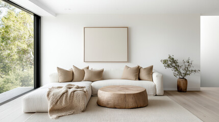 Wall Mural - serene living room with earth toned cushions and natural decor