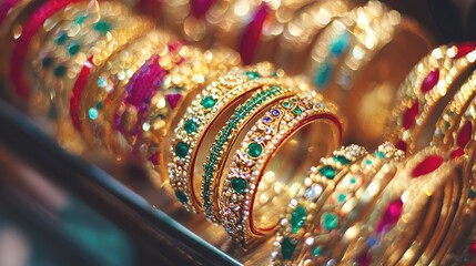 Intricate Gold Bangles with Green Gemstones and Colorful Embellishments