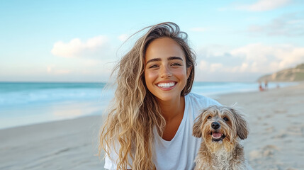 Wall Mural - joyful woman with dog smiles on beach at sunset